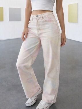 Mara Hoffman Pastel Print Jeans Size 4 High Rise Straight Leg Made USA